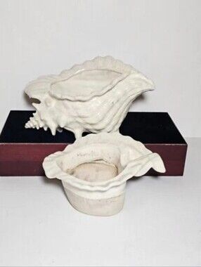 Vintage Atlantic Mold Ceramic Seashell Planter Set Iridescent Conch Shell Dish